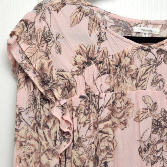 Maurices Pink Floral Ruffle Sleeve Blouse, Medium - Picture 3 of 6